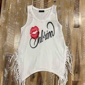 “Sabrina” White Tank Top with Red Lips and Fringe size 8